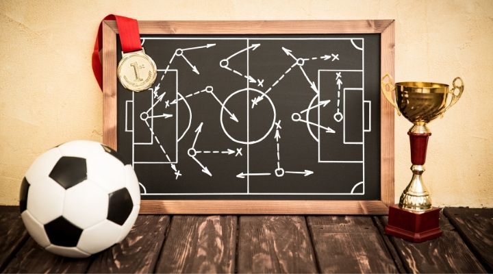 soccer award ideas 2 A blackboard containing a diagram of a soccer formation flanked by a soccer ball and a trophy